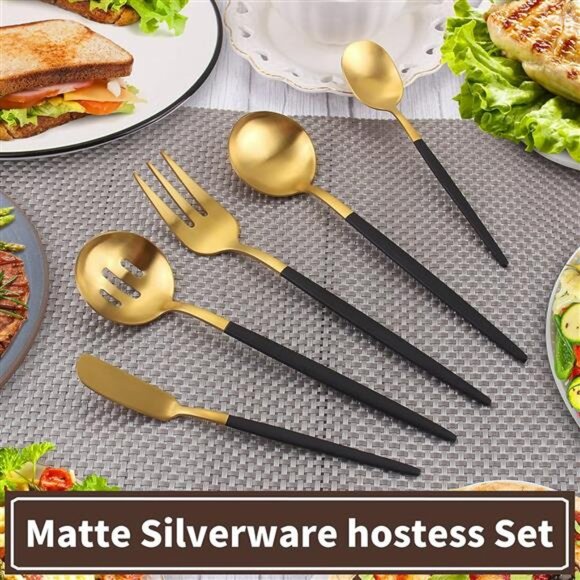 Matte Black Gold Serving Silverware Set, 5-Piece Round Shared Utensils Set - Picture 5 of 7